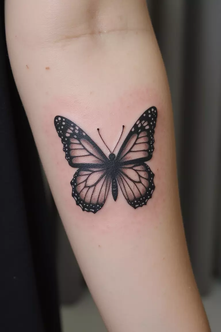 Butterfly A close-up shot of a woman's arm with a black ink tattoo of a butterfly with patterned wings in mid-flight.
