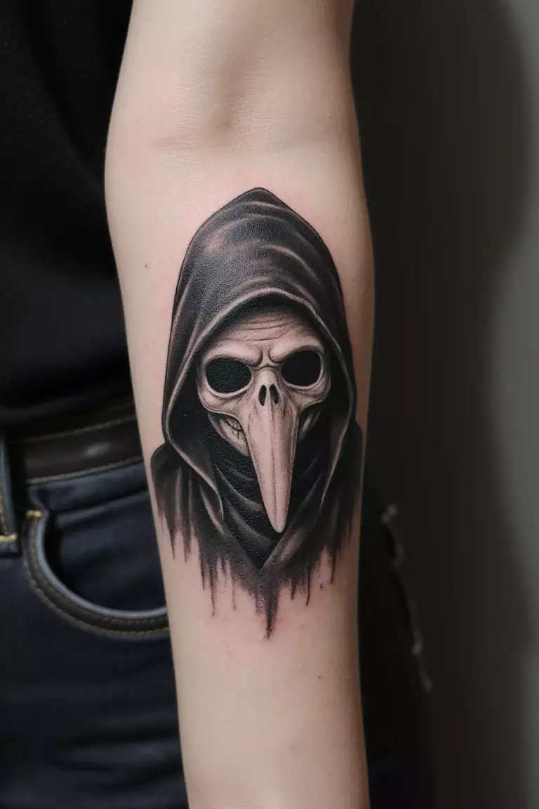 Plague Doctor Mask A close-up shot of a woman's arm with a black ink tattoo of a plague doctor mask.