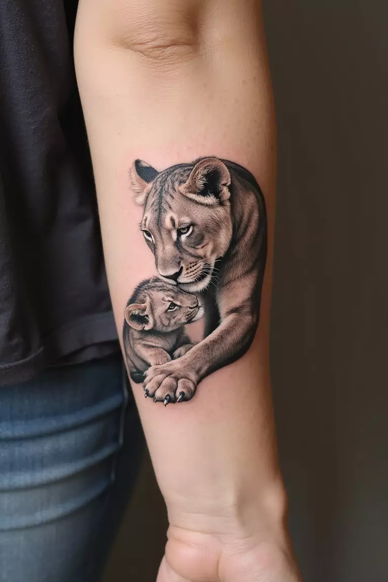 Lioness And Cub Together A close-up shot of a woman's arm with a black ink tattoo of a gentle lioness nuzzling her small cub.