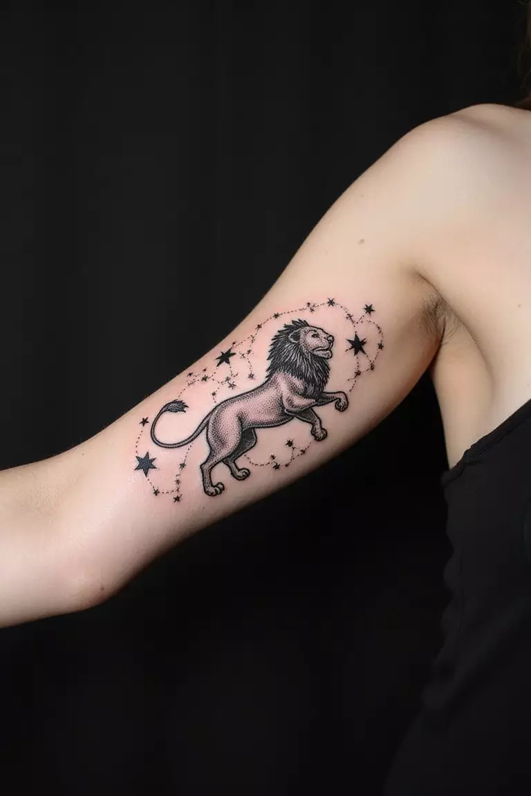 Starry Constellation Lion A close-up shot of a woman's arm with a black ink tattoo of a lion formed by stars and constellation lines against a dark background.