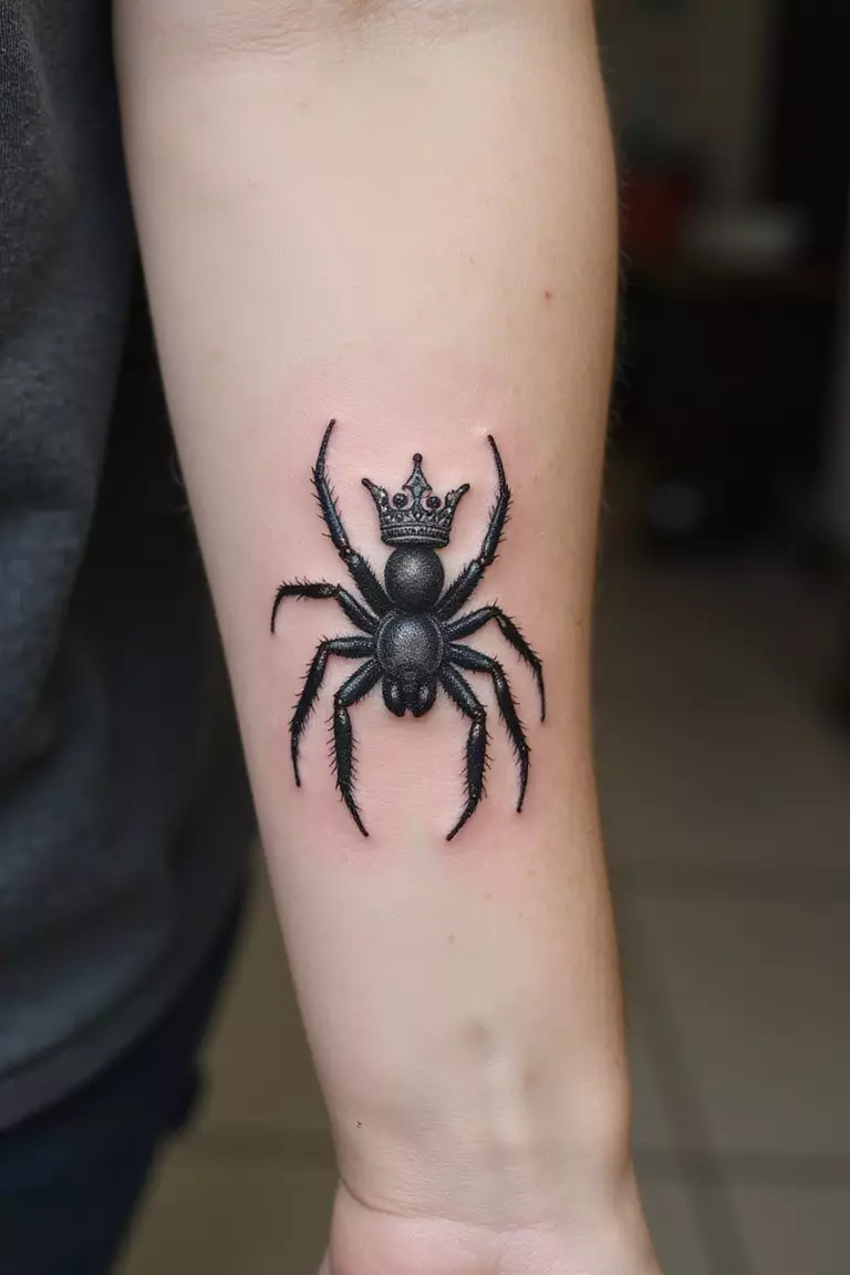 Spider with a Crown A close-up shot of a woman's arm with a black ink tattoo of a spider wearing a tiny, detailed crown on its head.