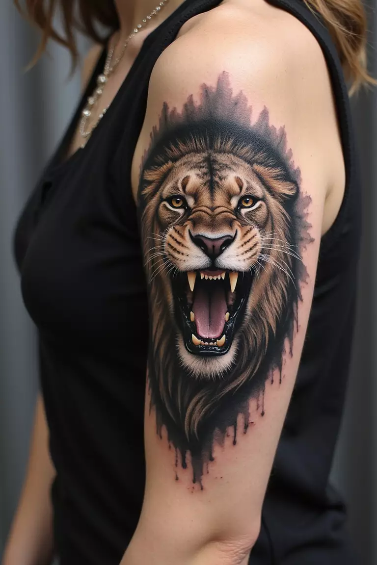 Fierce Lioness Roaring A close-up shot of a woman's arm with a black ink tattoo of a fierce lioness, mouth open in a powerful roar, detailed fur.