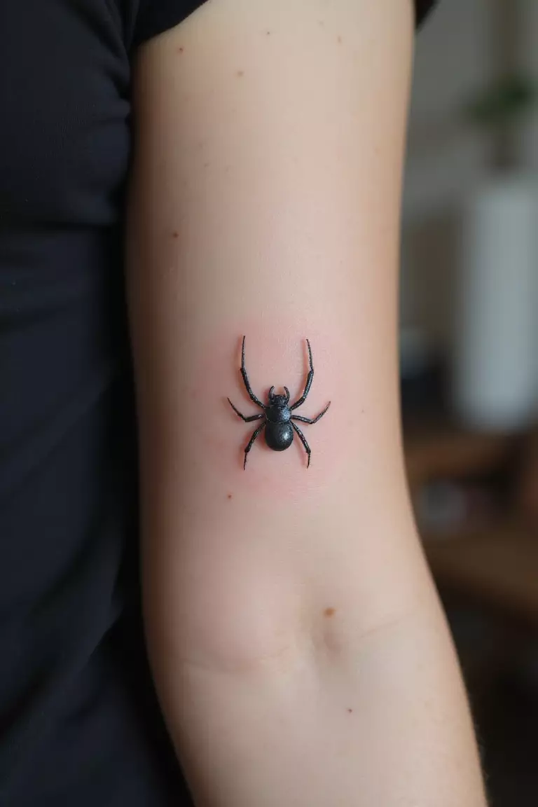 Tiny Spider A close-up shot of a woman's arm with a black ink tattoo of a very small, discreet spider, no bigger than a fingernail.