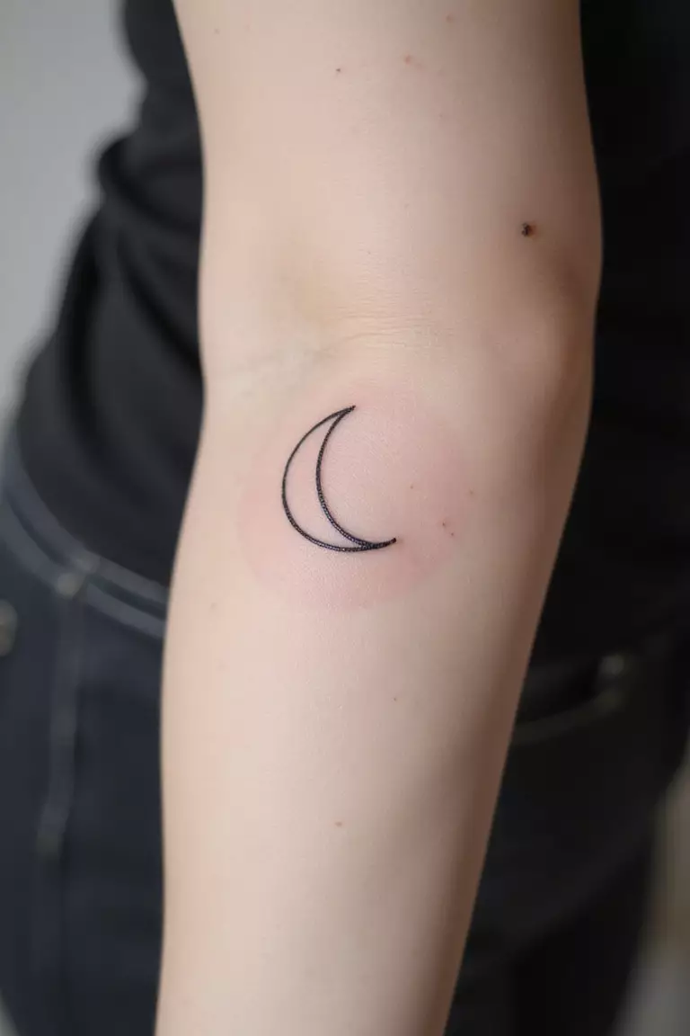 Moon Crescent A close-up shot of a woman's arm with a black ink tattoo of a delicate crescent moon outline.