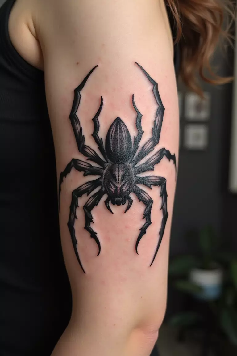 Tribal Spider A close-up shot of a woman's arm with a black ink tattoo of a spider designed with bold, black tribal patterns and sharp angles.