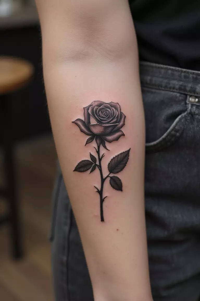 Wilted Rose A close-up shot of a woman's arm with a black ink tattoo of a wilted rose.