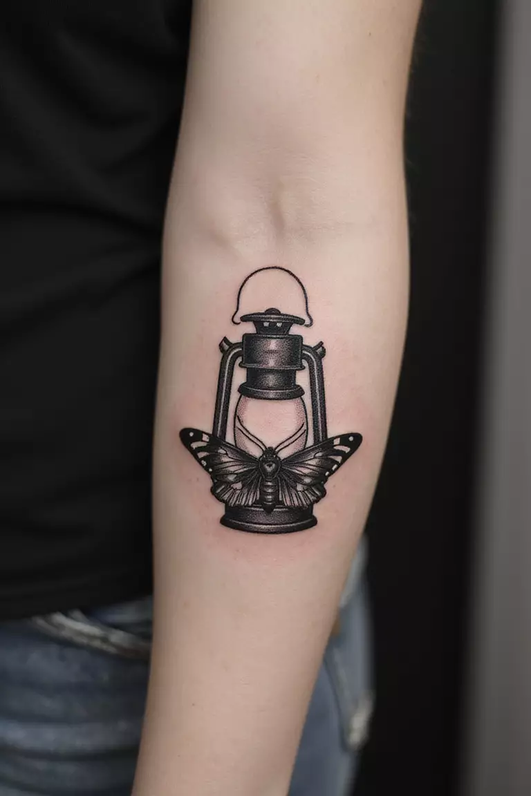 Lantern With Moth A close up shot of woman's arm with a black ink lantern with moth tattoo