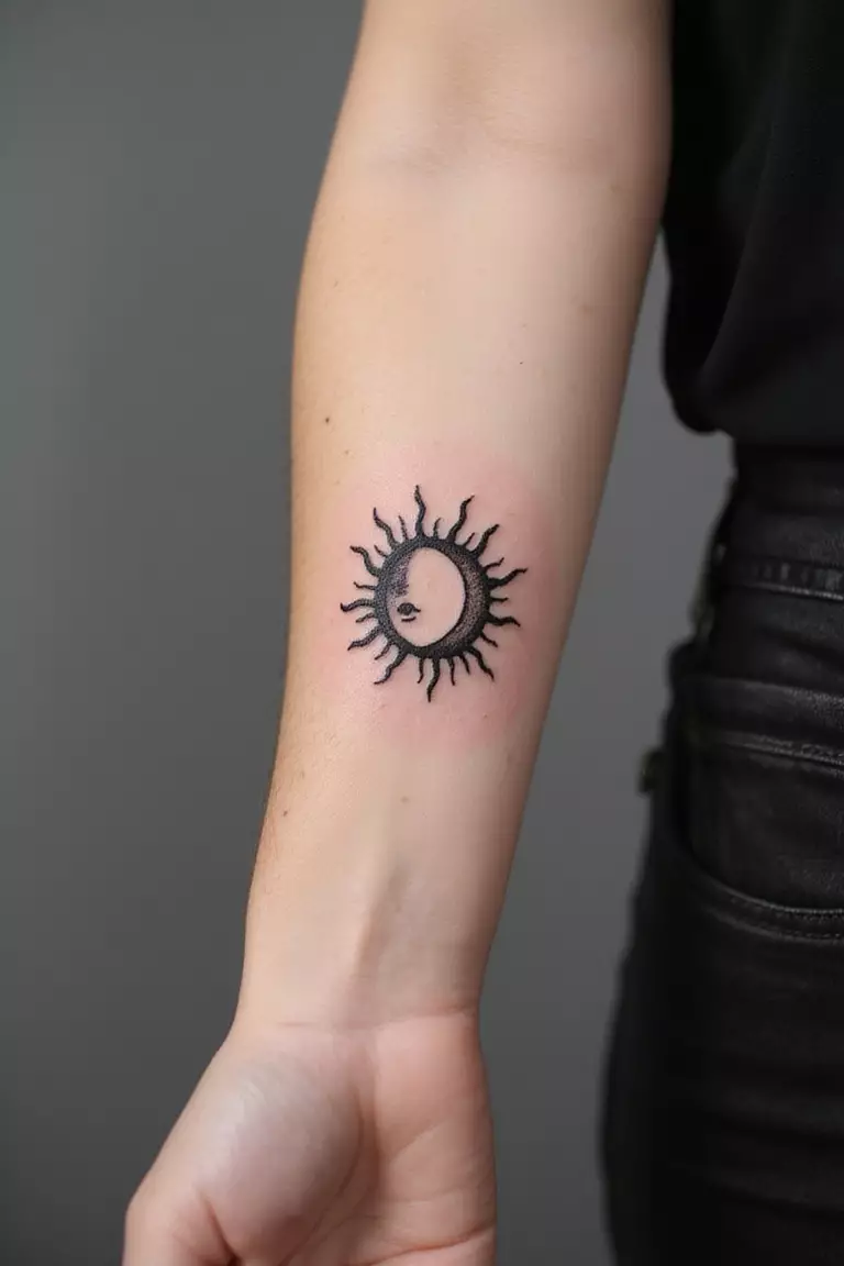 Sun And Moon A close-up shot of a woman's arm with a black ink tattoo of a crescent moon nestled against a stylized sun.