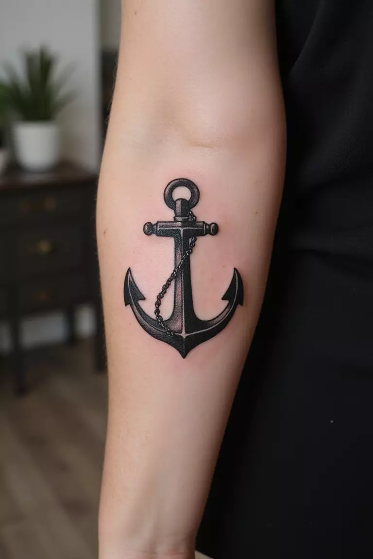 Anchor A close-up shot of a woman's arm with a black ink tattoo of a classic ship's anchor.