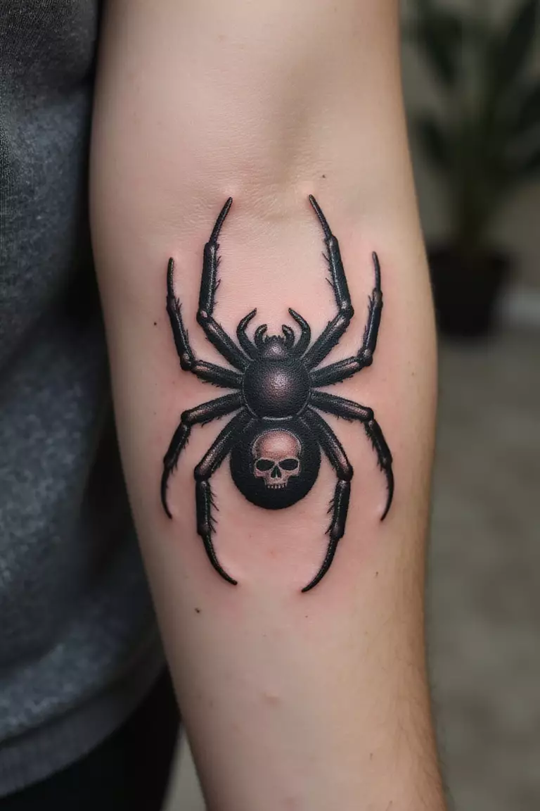 SpiderSkull A close-up shot of a woman's arm with a black ink tattoo of a spider that has a small, clear skull pattern on its back.