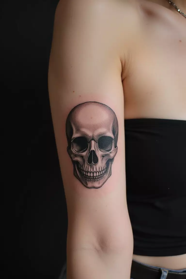 Skull A close-up shot of a woman's arm with a black ink tattoo of a skull.