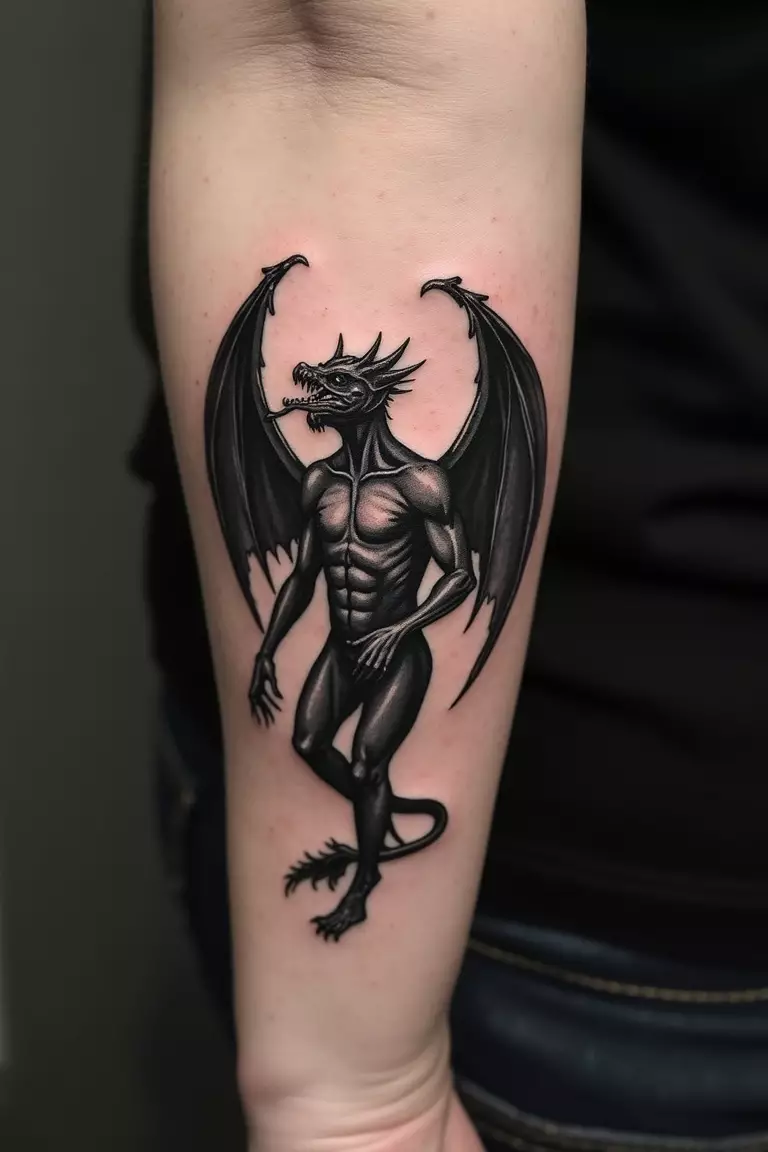 Gargoyle A close-up shot of a woman's arm with a black ink tattoo of a gargoyle.
