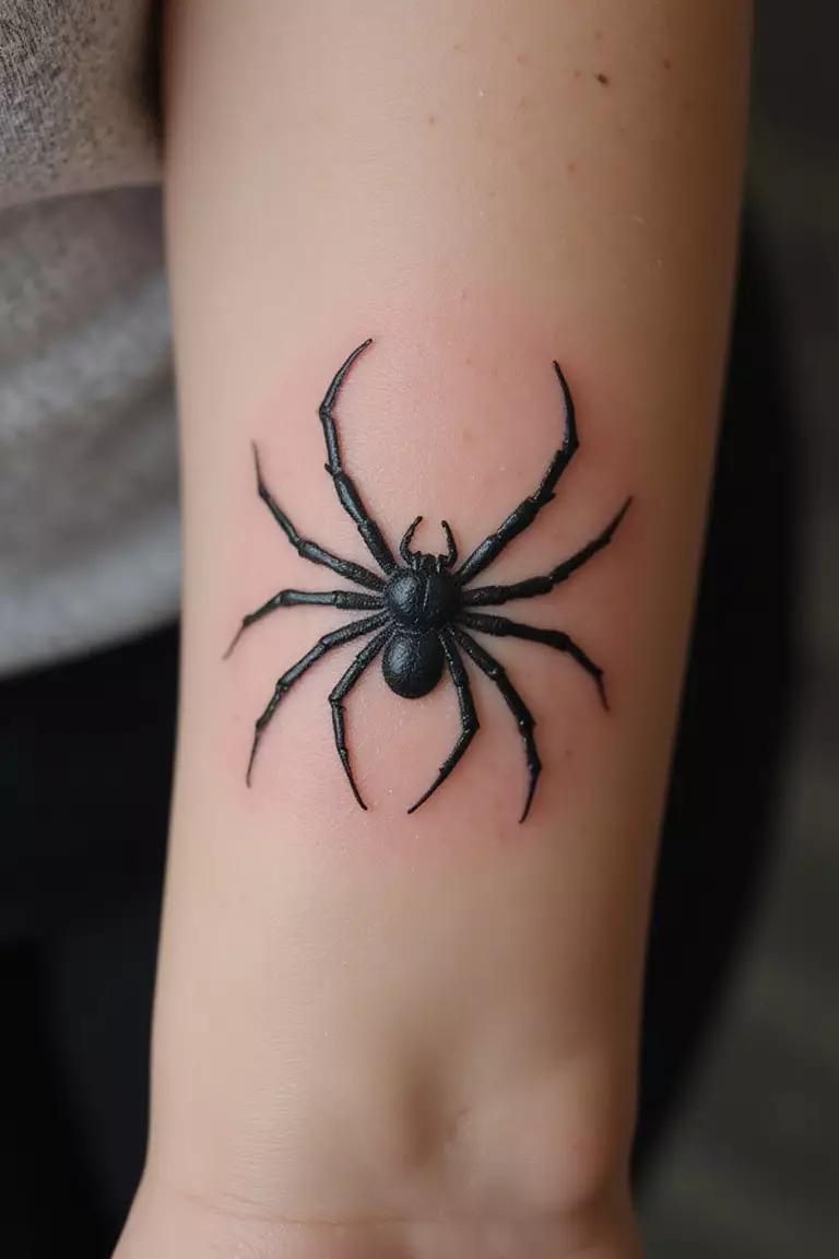 Spider Silhouette A close-up shot of a woman's arm with a solid black ink tattoo of a spider's silhouette, showing only its outline filled in black.