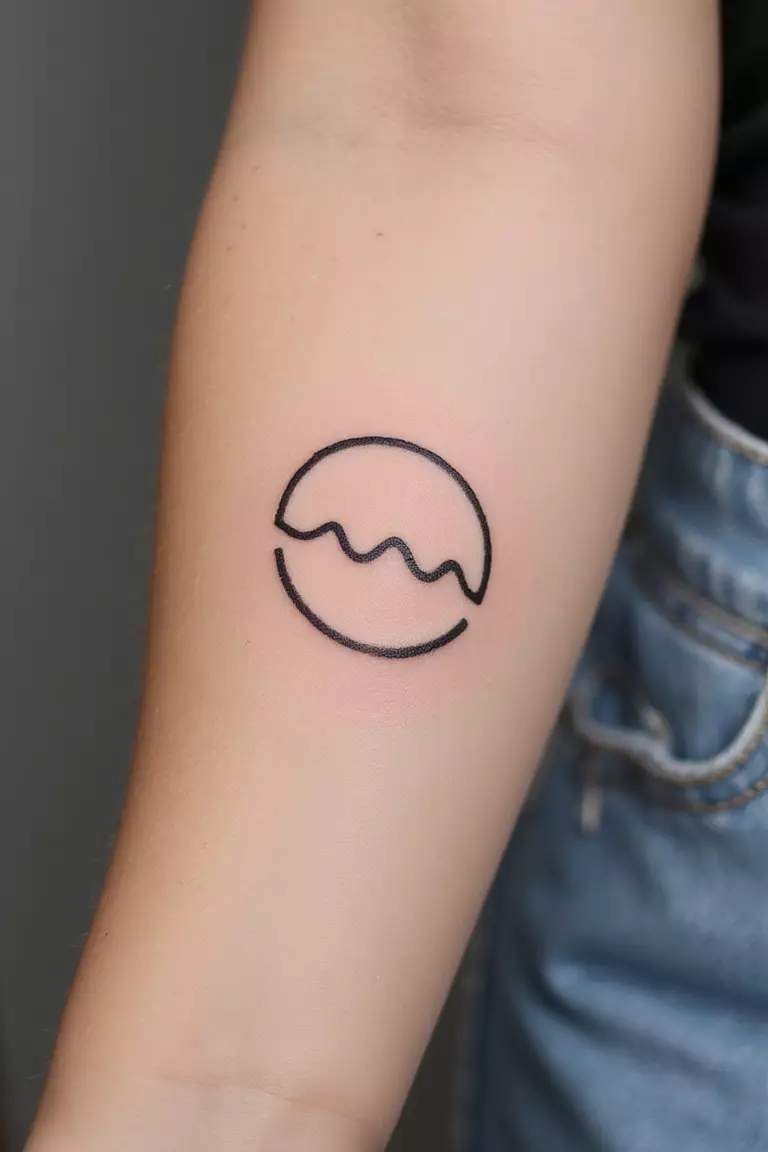 Wave Symbol A close-up shot of a woman's arm with a black ink tattoo of a simple, single line wave symbol.
