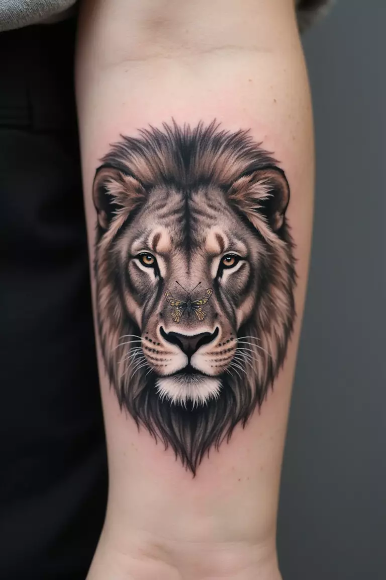 Lion And Butterfly Combo A close-up shot of a woman's arm with a black ink tattoo of a lion's face with a delicate butterfly perched on its nose or mane.