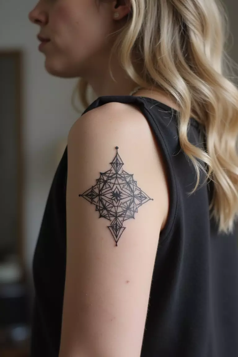 Geometric Pattern A close-up shot of a woman's arm with a black ink tattoo of an intricate geometric pattern made of triangles and lines.
