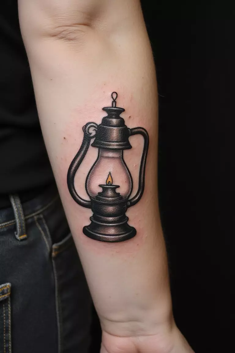 Miner Lamp A close up shot of woman's arm with a black ink miner lamp tattoo