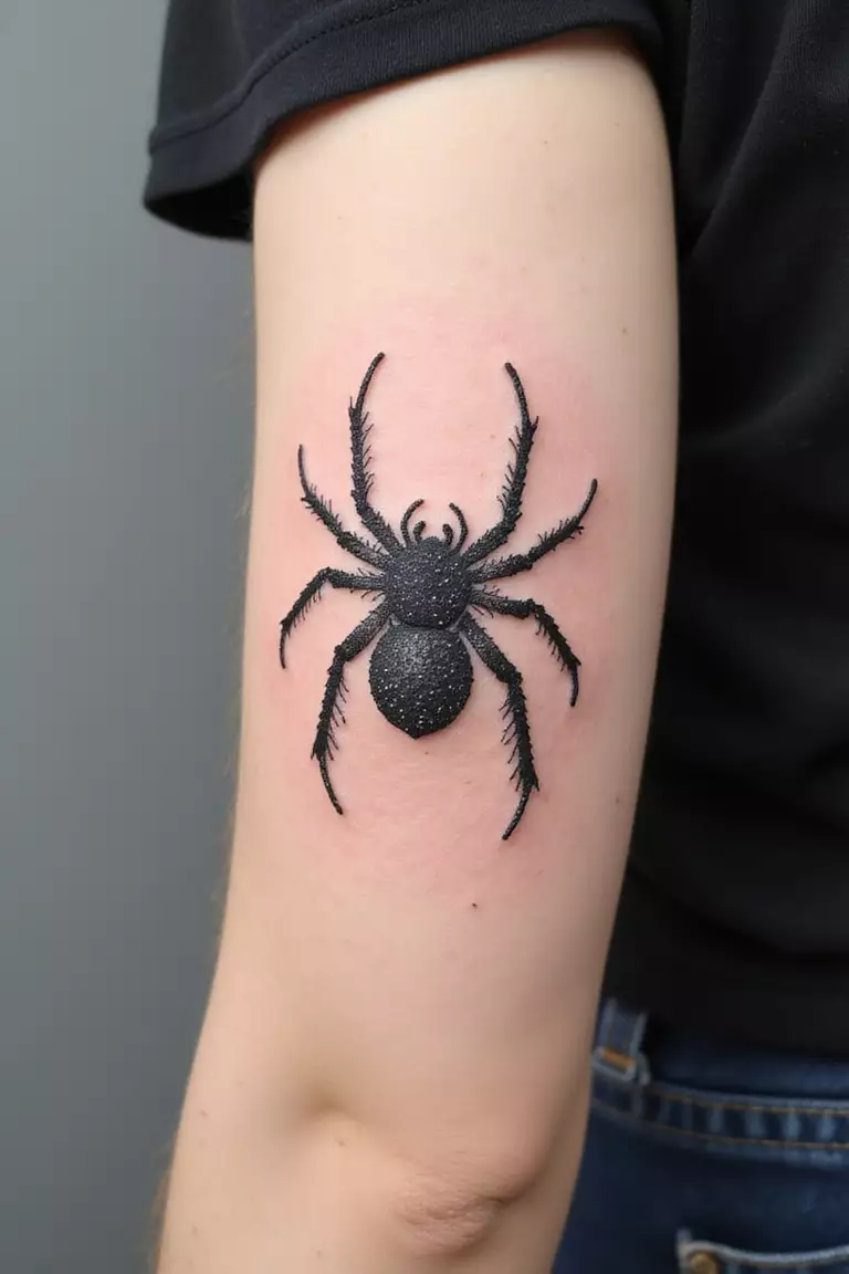 Dotwork Spider A close-up shot of a woman's arm with a black ink tattoo of a spider created entirely from tiny dots, forming its shape and shading.
