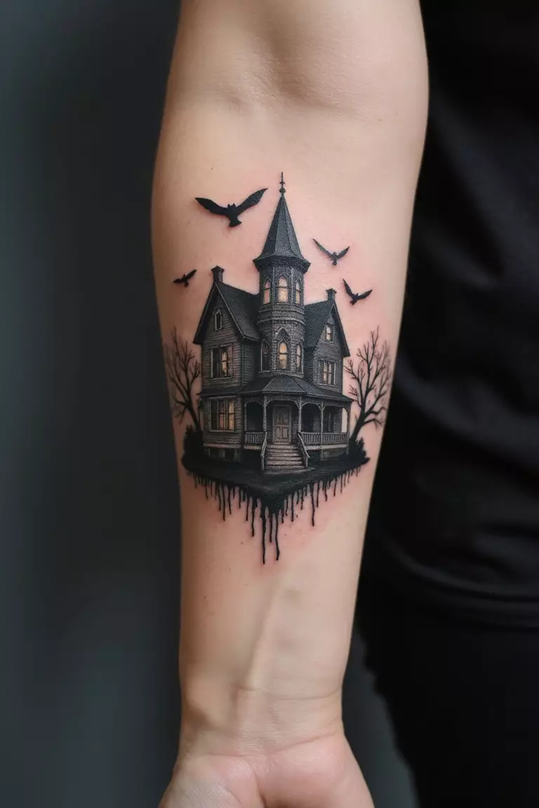 Haunted House A close-up shot of a woman's arm with a black ink tattoo of a haunted house.