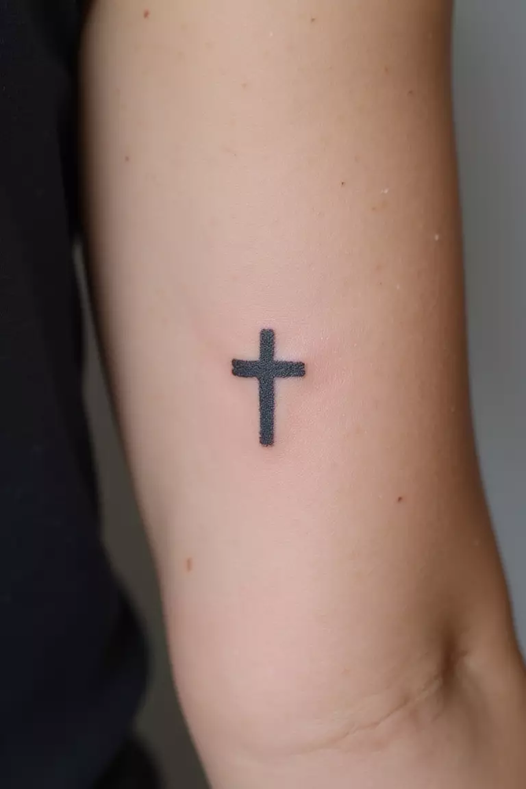 Cross Symbol A close-up shot of a woman's arm with a black ink tattoo of a tiny, simple, thin cross symbol.