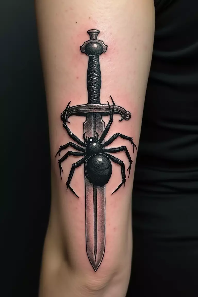 Dagger Spider A close-up shot of a woman's arm with a black ink tattoo of a spider crawling on an old-fashioned dagger.