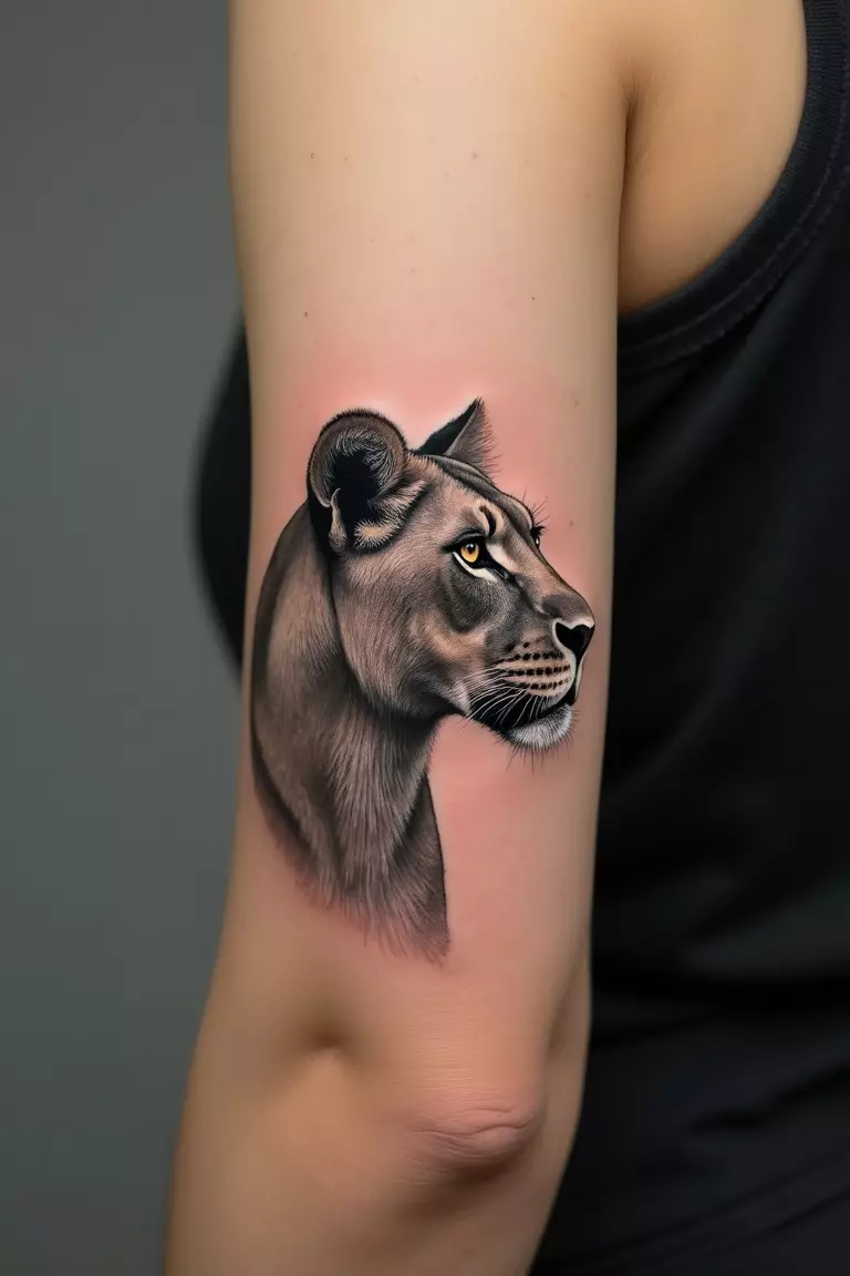 Lioness Profile Portrait A close-up shot of a woman's arm with a black ink tattoo of a detailed side profile of a lioness, looking alert and graceful.