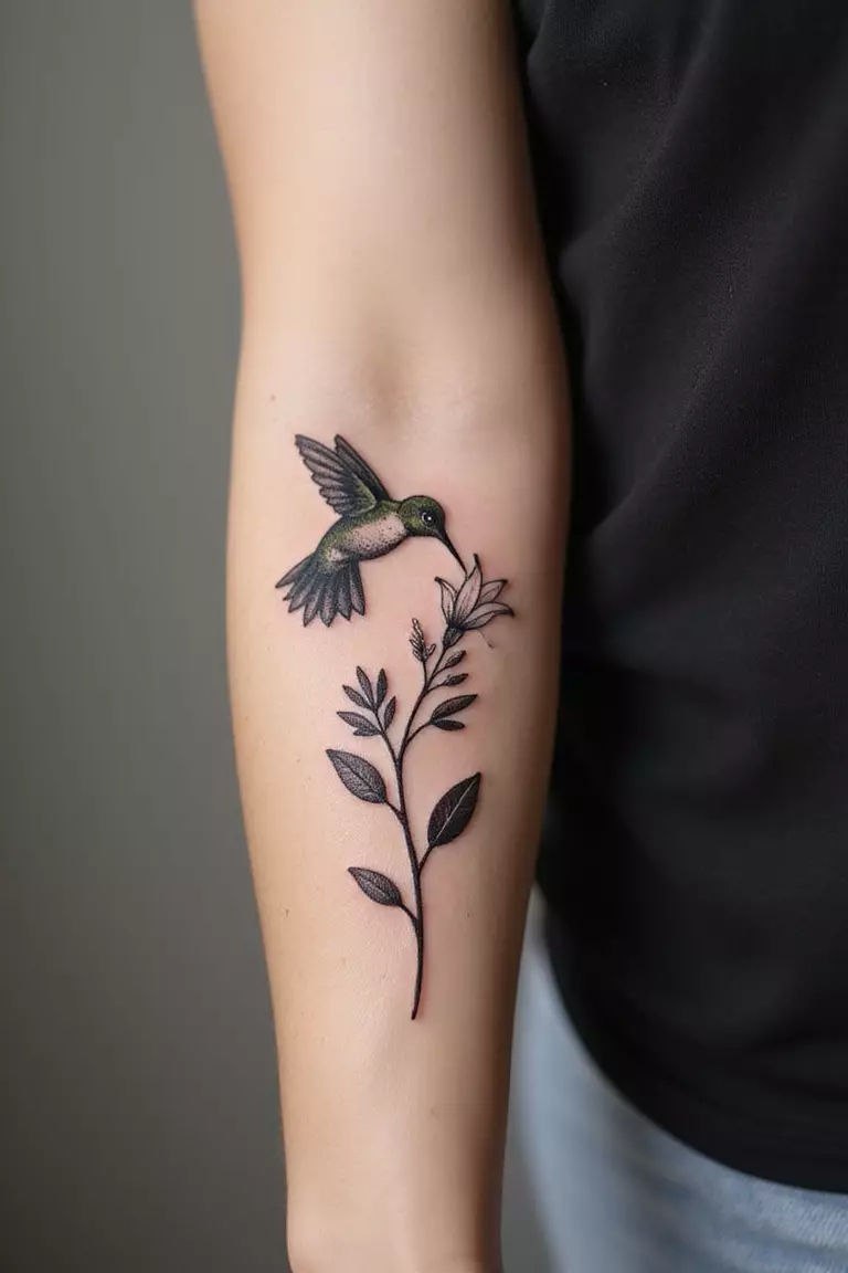 Hummingbird A close-up shot of a woman's arm with a black ink tattoo of a small hummingbird hovering near a flower.