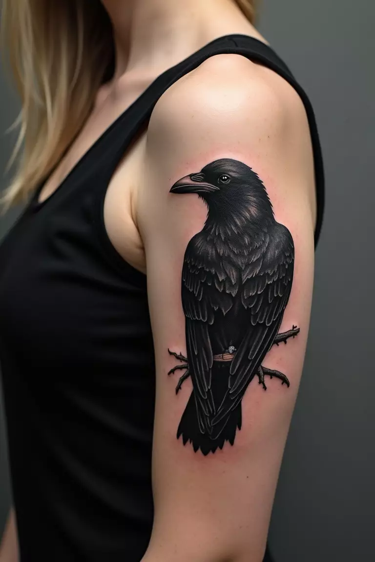 Raven A close-up shot of a woman's arm with a black ink tattoo of a raven.