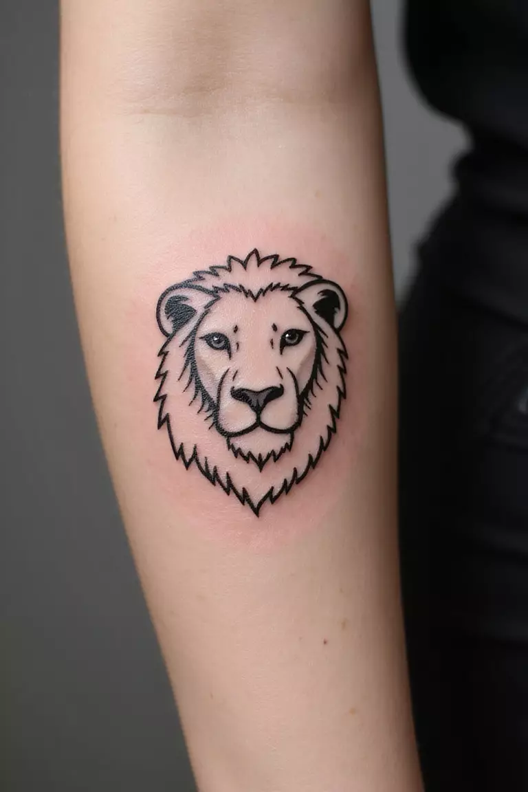 Minimalist Lion Outline A close-up shot of a woman's arm with a black ink tattoo of a simple, continuous line forming the outline of a lion's head.