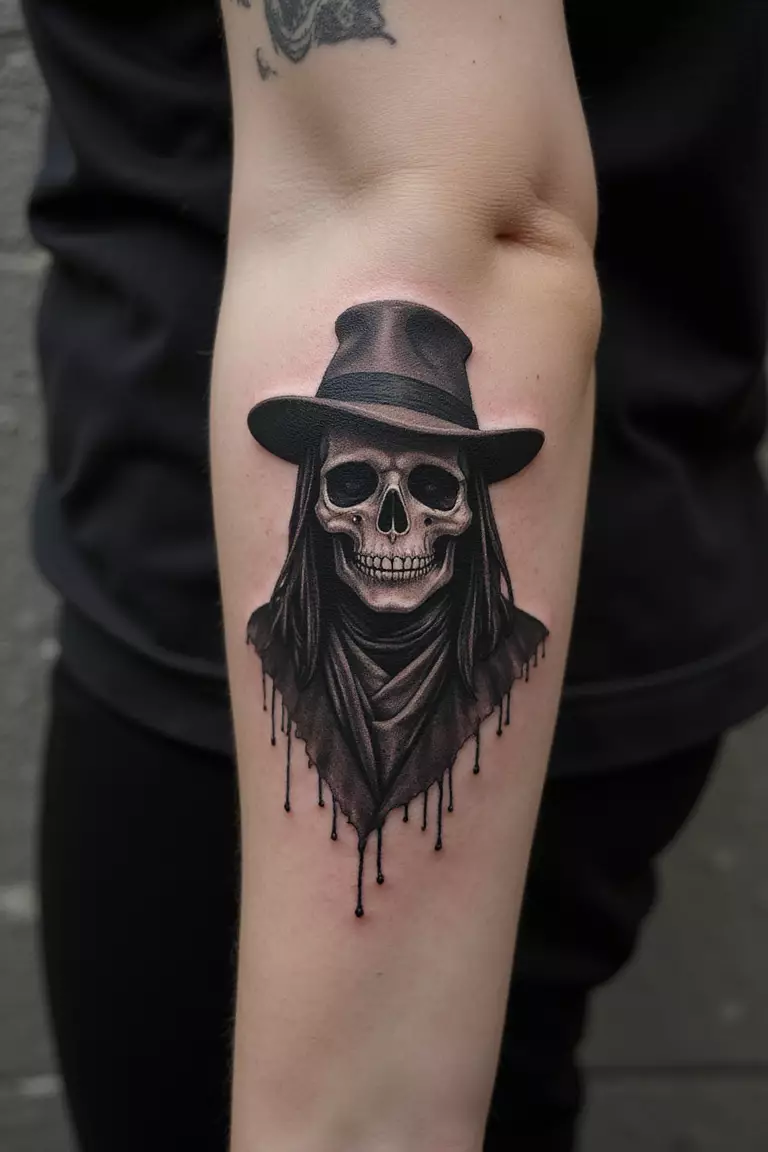 A close up shot of woman's arm with a black ink tattoo of a plague doctor.