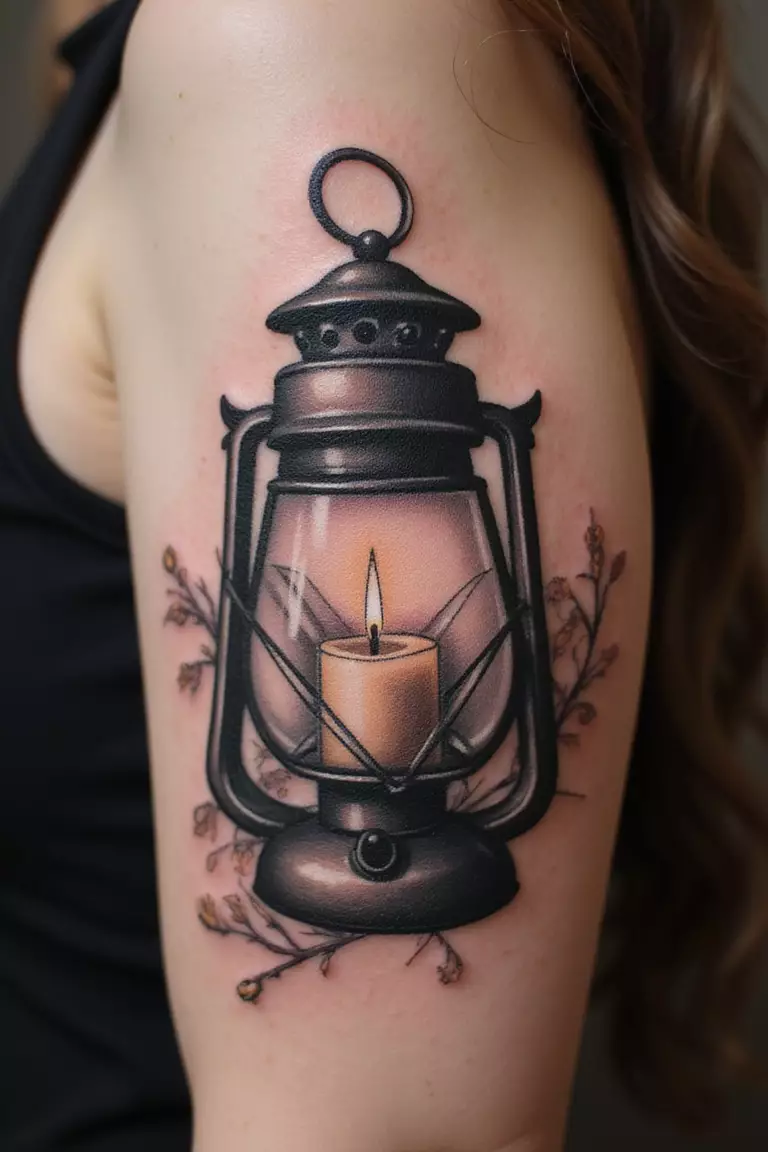 Candle Lantern A close up shot of woman's arm with a black ink candle lantern tattoo