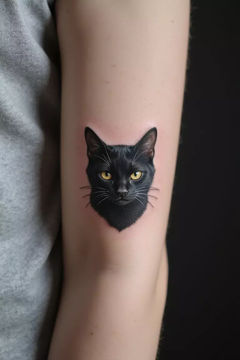 Black Cat A close-up shot of a woman's arm with a black ink tattoo of a black cat.