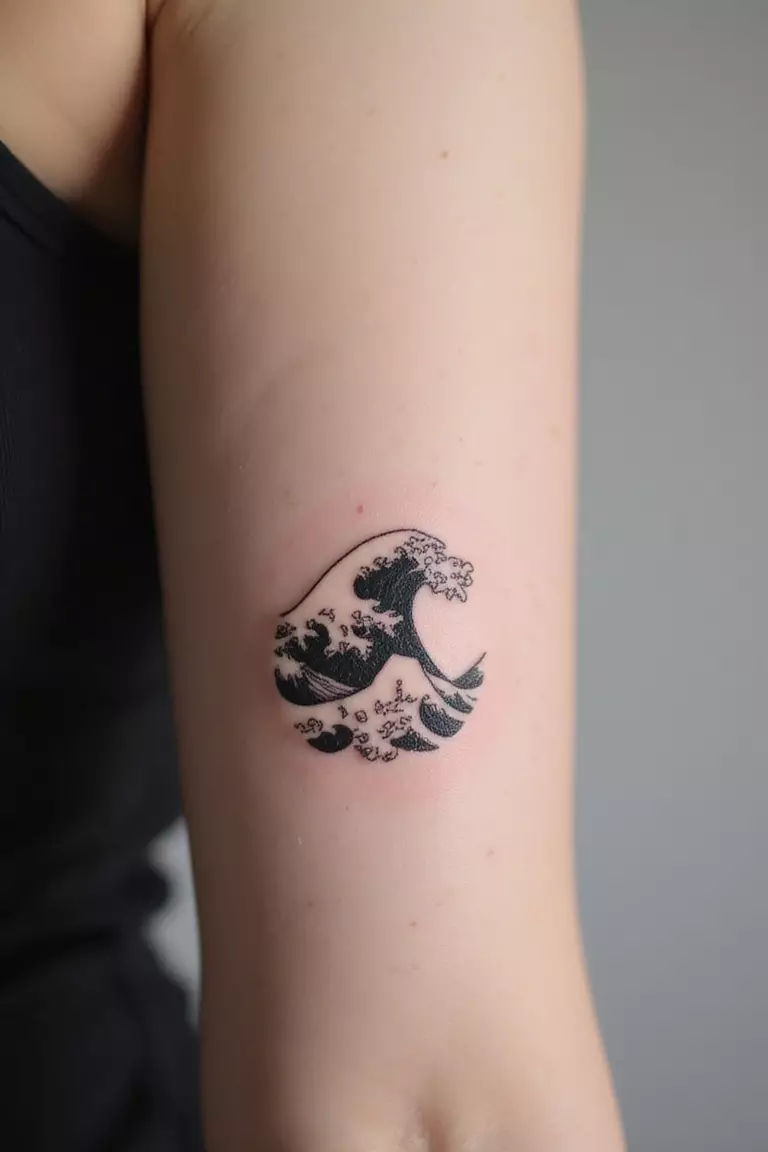 Wave A close-up shot of a woman's arm with a black ink tattoo of a simple, single flowing wave in Japanese style.