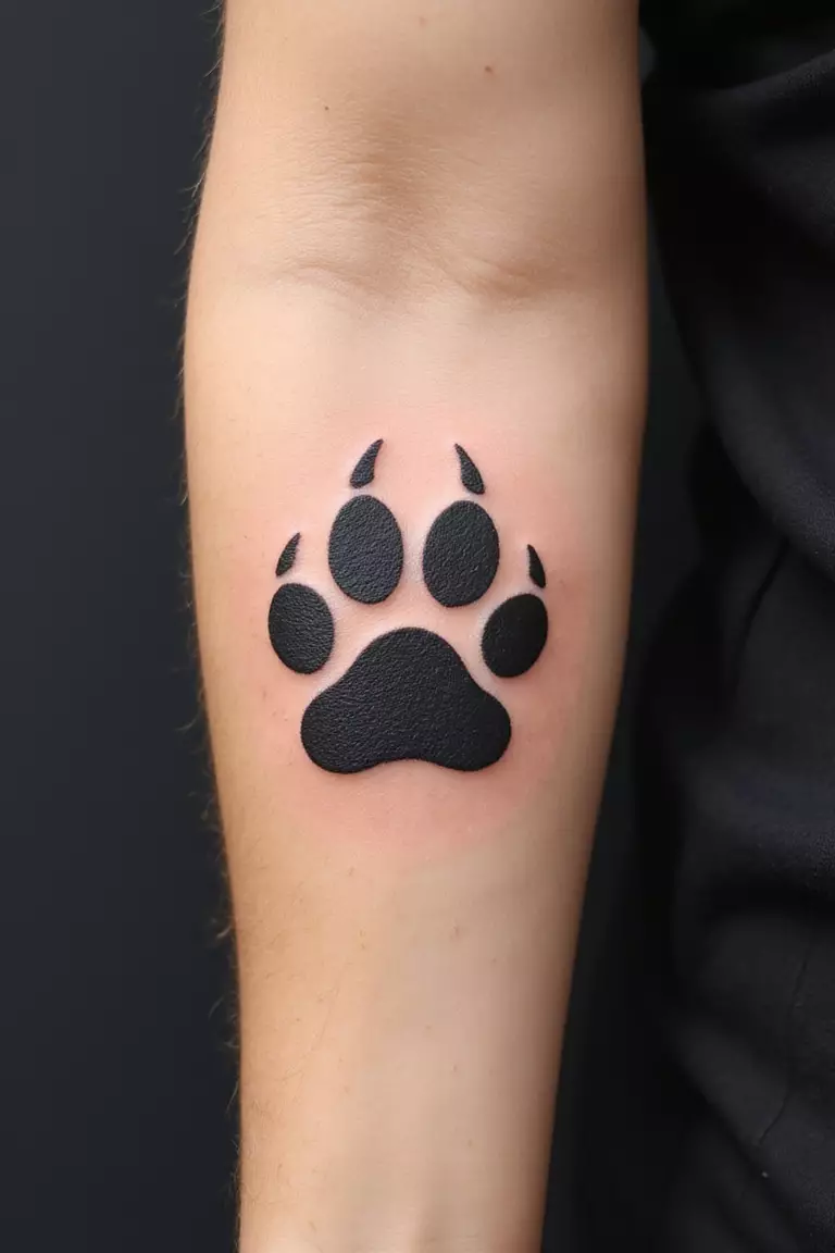Single Lion Paw Print A close-up shot of a woman's arm with a black ink tattoo of a single, bold lion paw print.