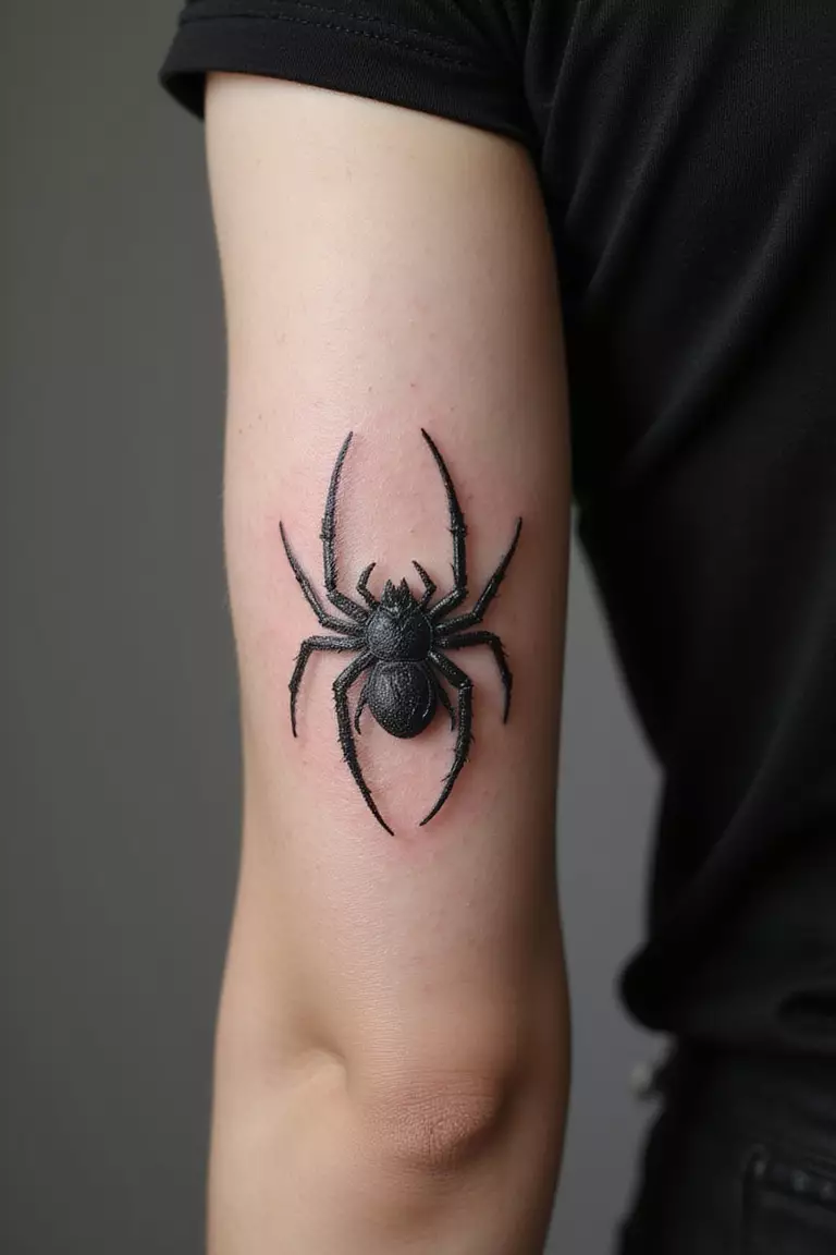Shadow Spider A close-up shot of a woman's arm with a black ink tattoo of a spider with a soft, blurred shadow underneath it, creating a 3D effect.