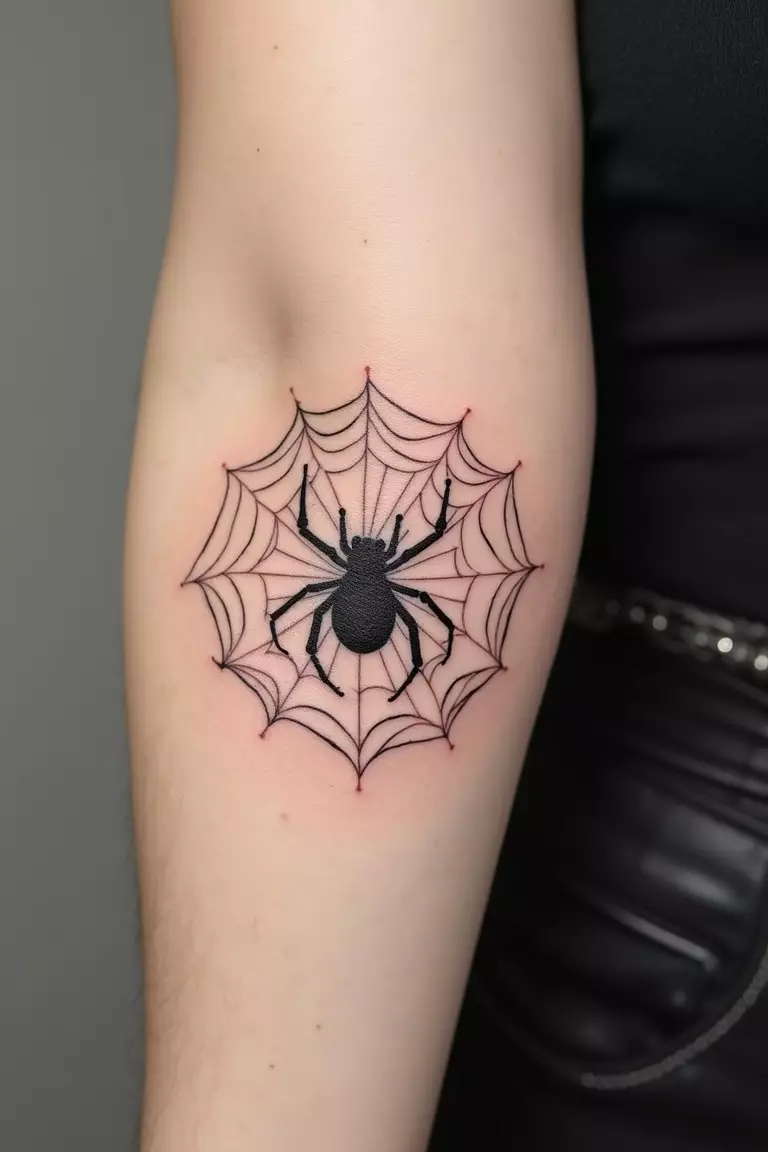 Spider and Web A close-up shot of a woman's arm with a black ink tattoo of a spider sitting in the center of a delicate, circular spider web.