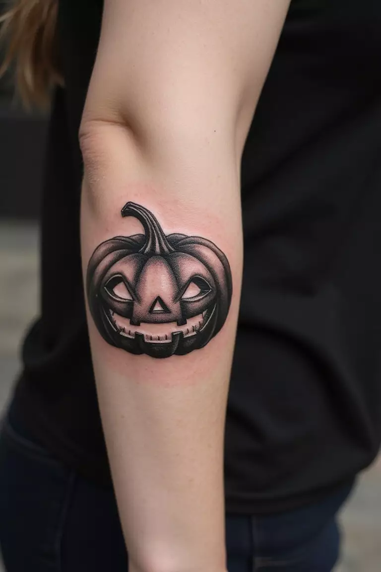Pumpkin Lantern A close up shot of woman's arm with a black ink pumpkin lantern tattoo
