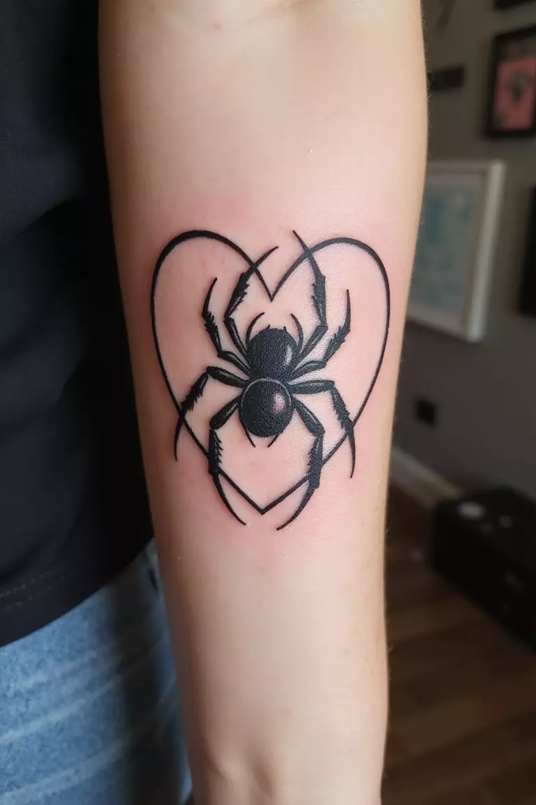 Heart Spider A close-up shot of a woman's arm with a black ink tattoo of a spider whose legs are shaped to form a heart, or a spider inside a heart outline.
