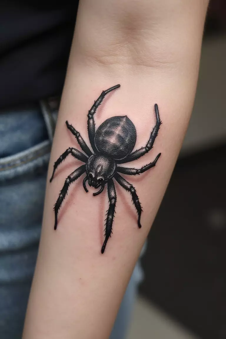 Realistic Spider A close-up shot of a woman's arm with a black and grey ink tattoo of a very realistic-looking spider with detailed texture and shading, appearing almost three-dimensional.