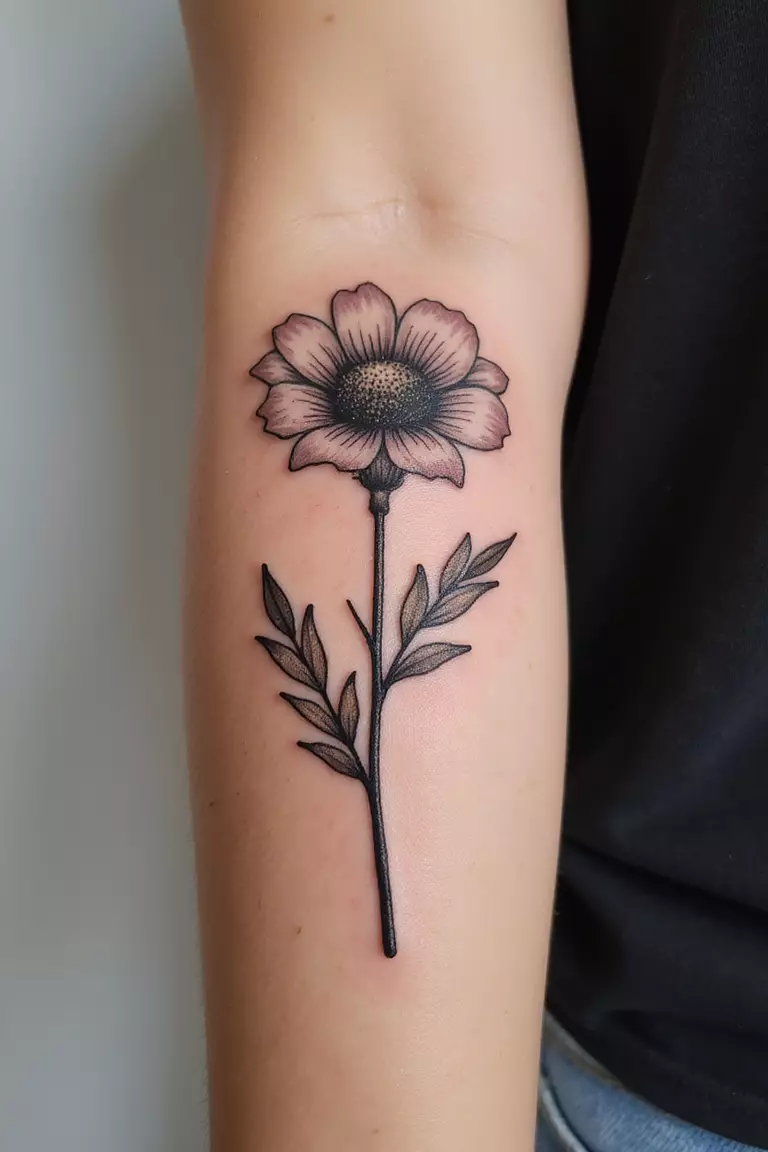 A close-up shot of a woman's arm with a black ink tattoo of a Cempasúchil (Marigold) flower head in full bloom.