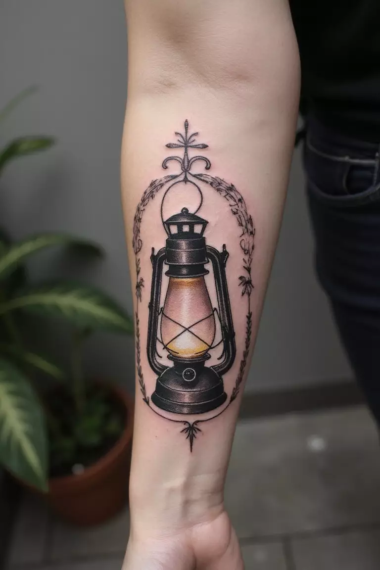 Nautical Lantern A close up shot of woman's arm with a black ink nautical lantern tattoo