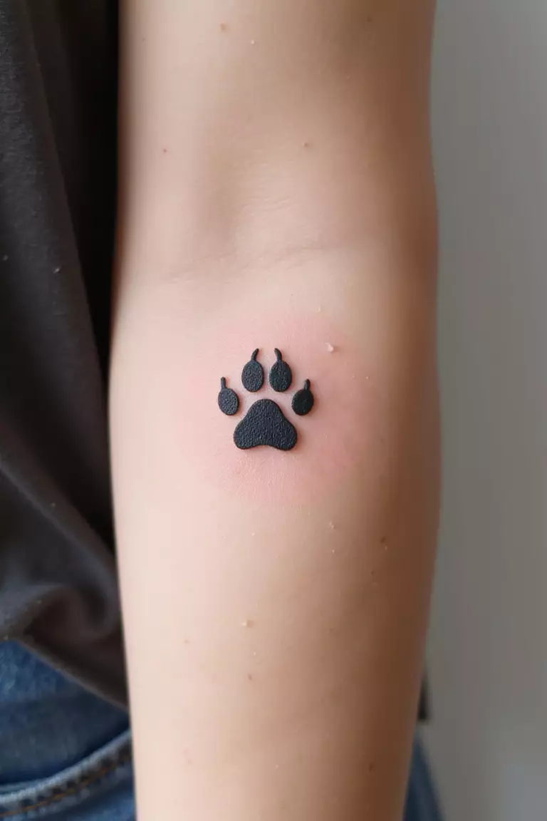 Paw Print A close-up shot of a woman's arm with a black ink tattoo of a tiny, simple animal paw print outline.