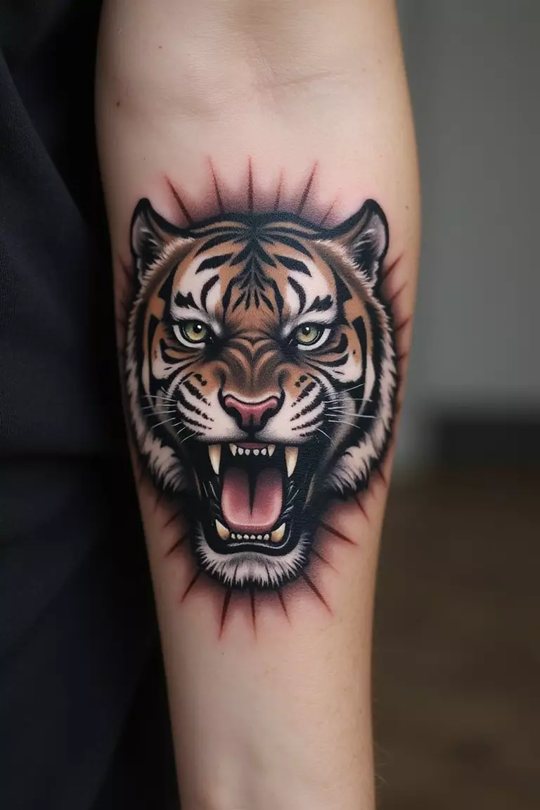A close-up shot of a woman's arm with a black ink tattoo of a tiger head roaring fiercely with its mouth open.