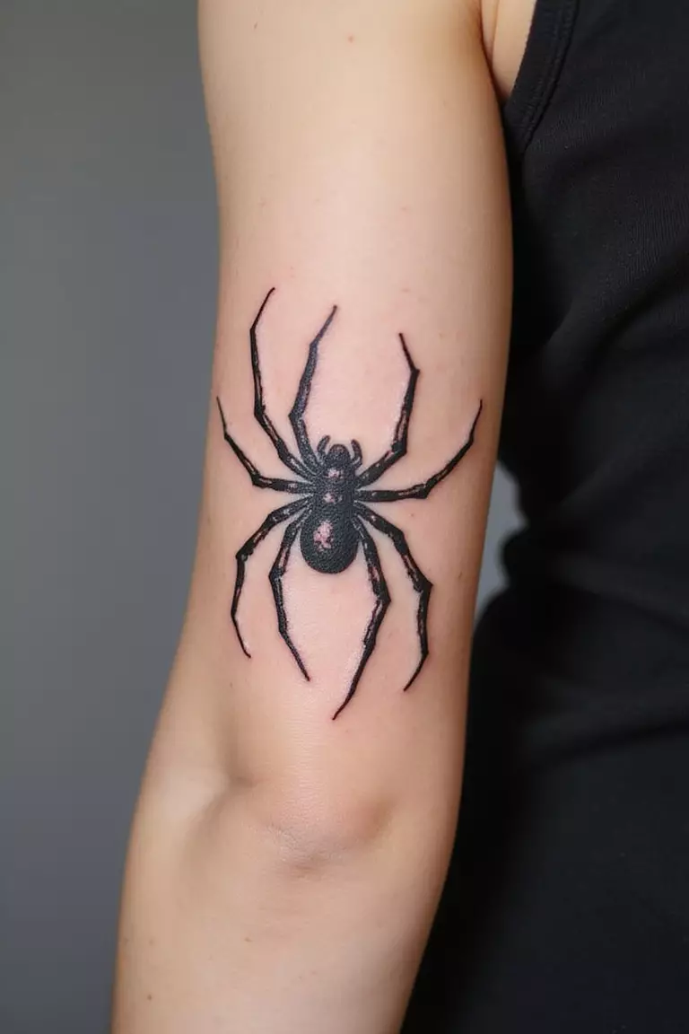 Abstract Spider A close-up shot of a woman's arm with a black ink tattoo of an abstract spider, using flowing lines and unconventional shapes to suggest a spider form.